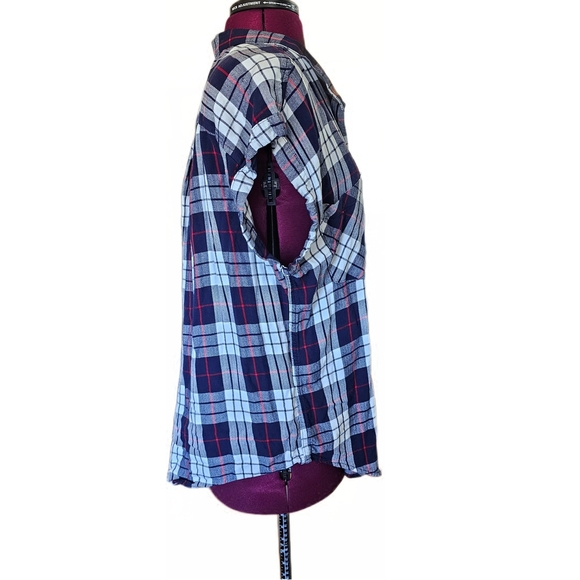 Jachs Navy Plaid Print Loose Fit Short Sleeve Blouse Top Womens - Picture 3 of 11